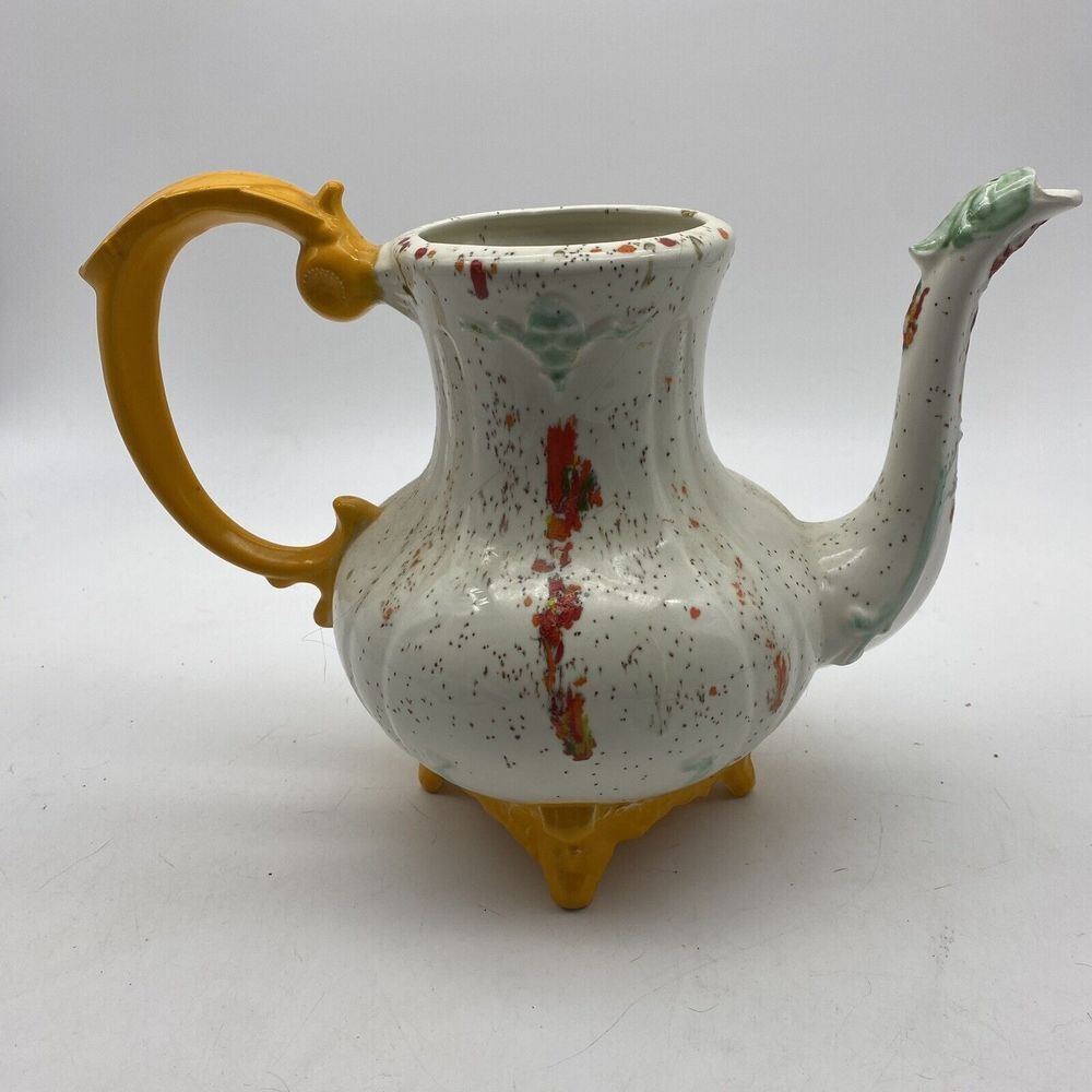 Vintage 1970s Ceramic Teapot White Red Speckled Orange Handle Boho Hippie No Lid